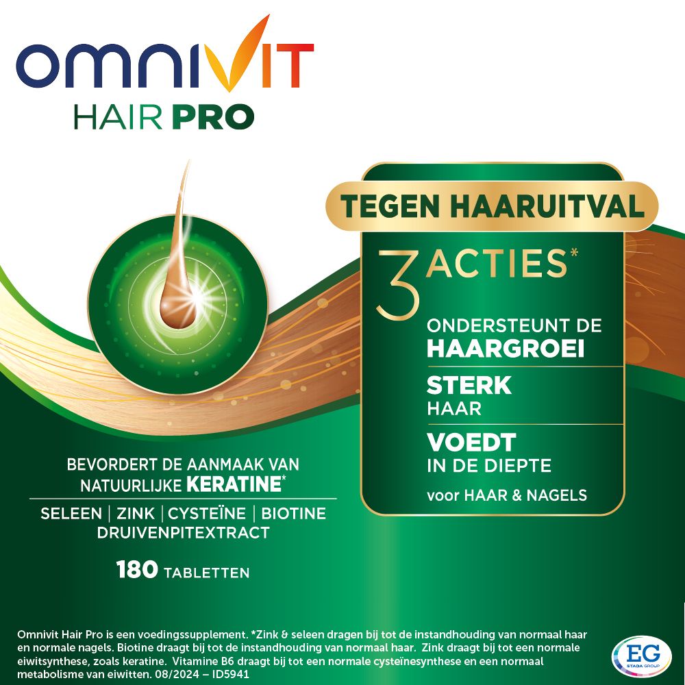 Close-up van de tekst op de Omnivit Hair Pro verpakking. 'Ondersteunt de haargroei'.