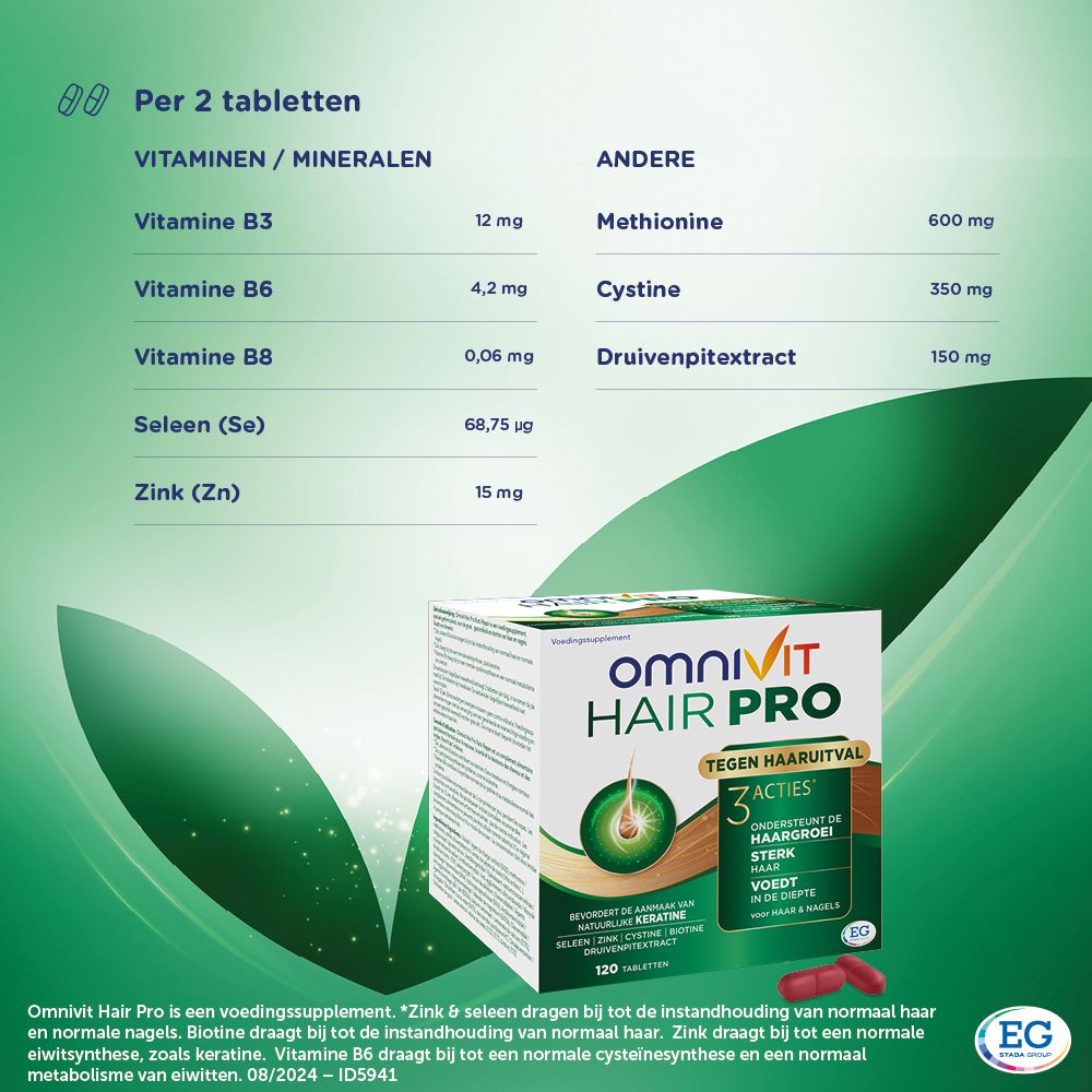 Omnivit Hair Pro verpakking met 120 tabletten. Twee tabletten ernaast.