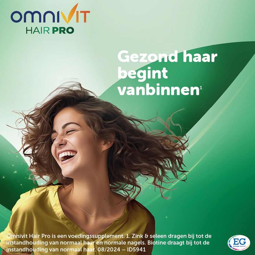 Vrouw met glanzend haar. Tekst: 'Gezond haar begint van binnen'.