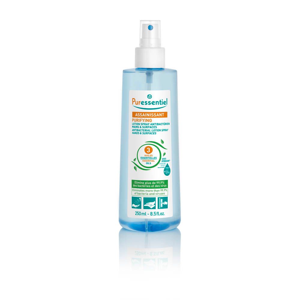 Blauwe transparante fles met verstuiver. Opschrift: Puressentiel, Assainissant, Purifying. 250ml.