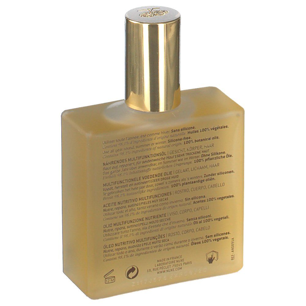 Rückansicht einer quadratischen Glasflasche mit goldfarbenem Verschluss. Text: Nährstoffreiche Öle, 100% pflanzlich, ohne Silikone.