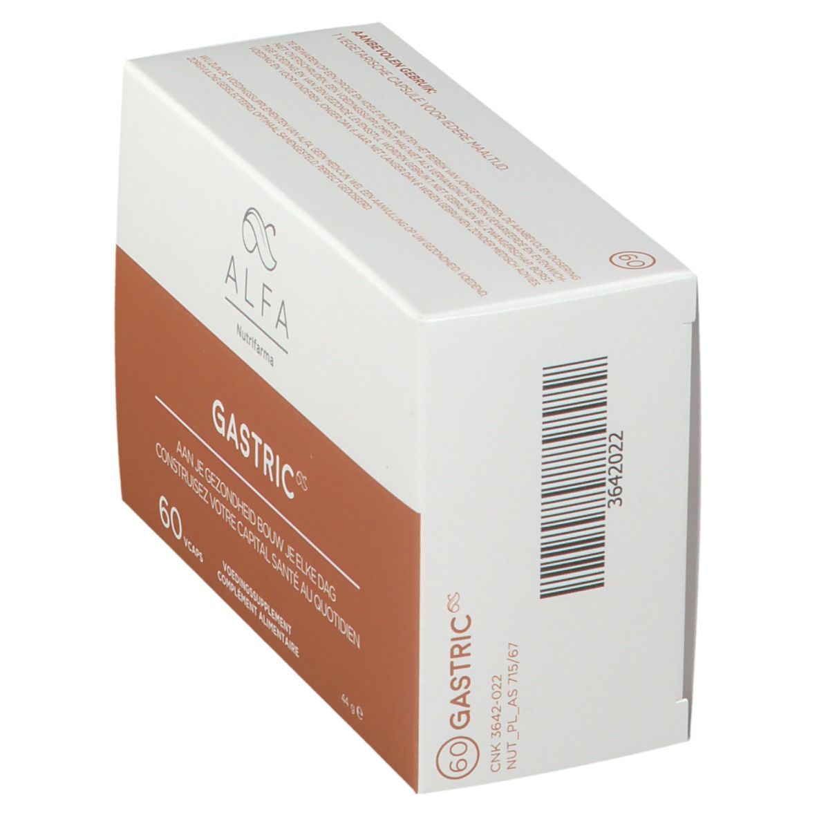Doos 'Gastric' van Alfa, 60 capsules. Streepjescode en productinfo op de zijkant.