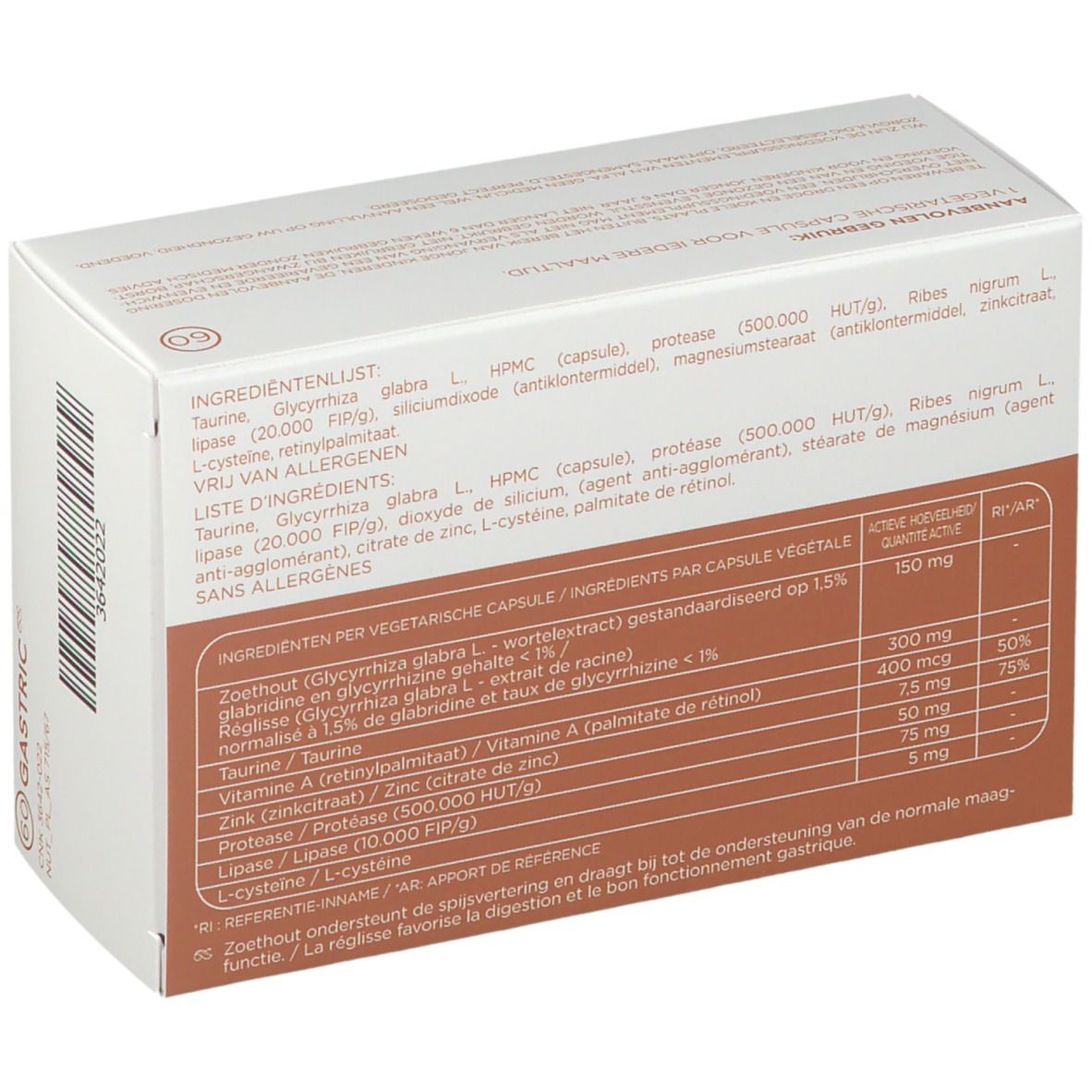 Achterkant van de 'Gastric' doos. Ingrediëntenlijst en voedingswaarde.