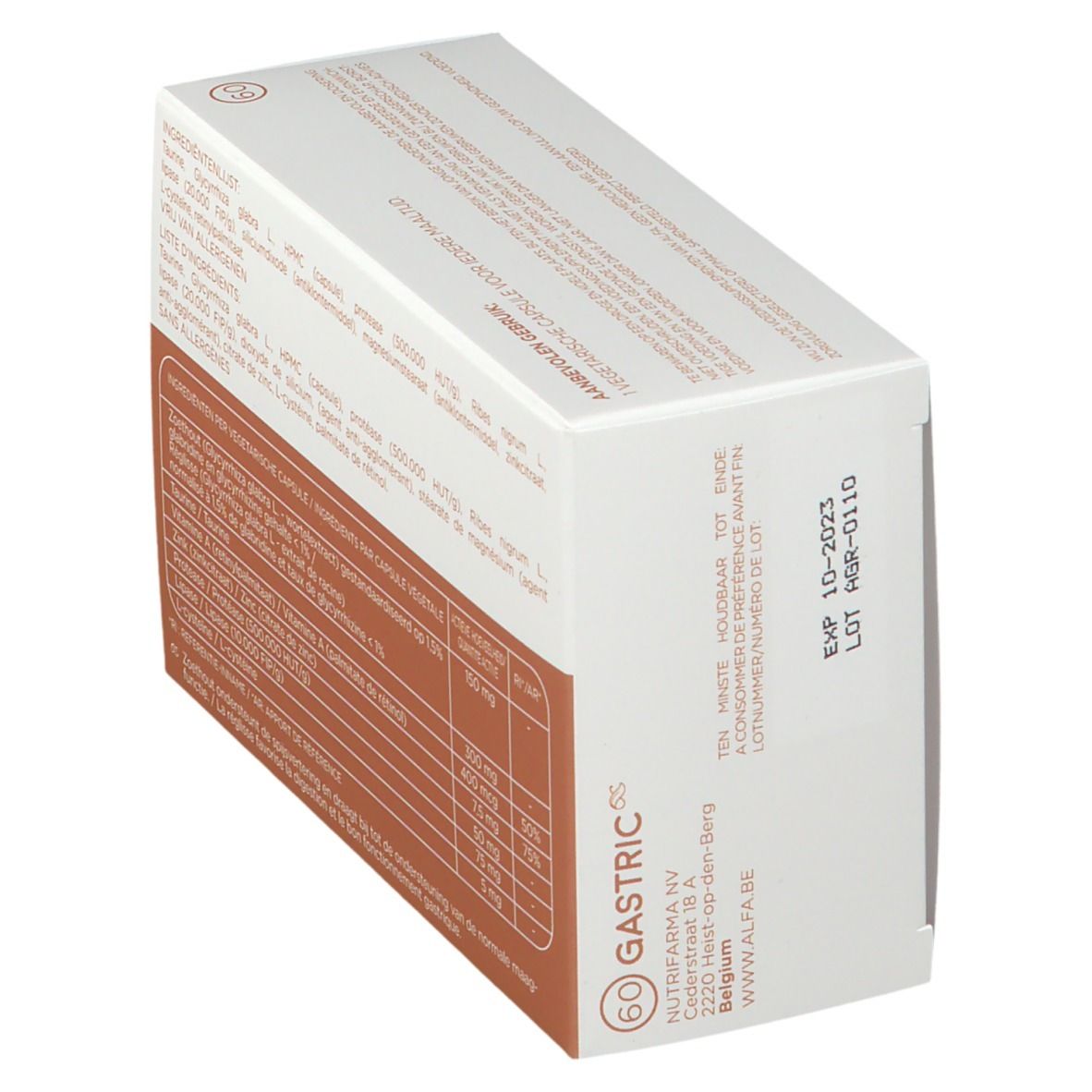 Doos 'Gastric'. Info ingrediënten en vervaldatum. Merk Alfa.