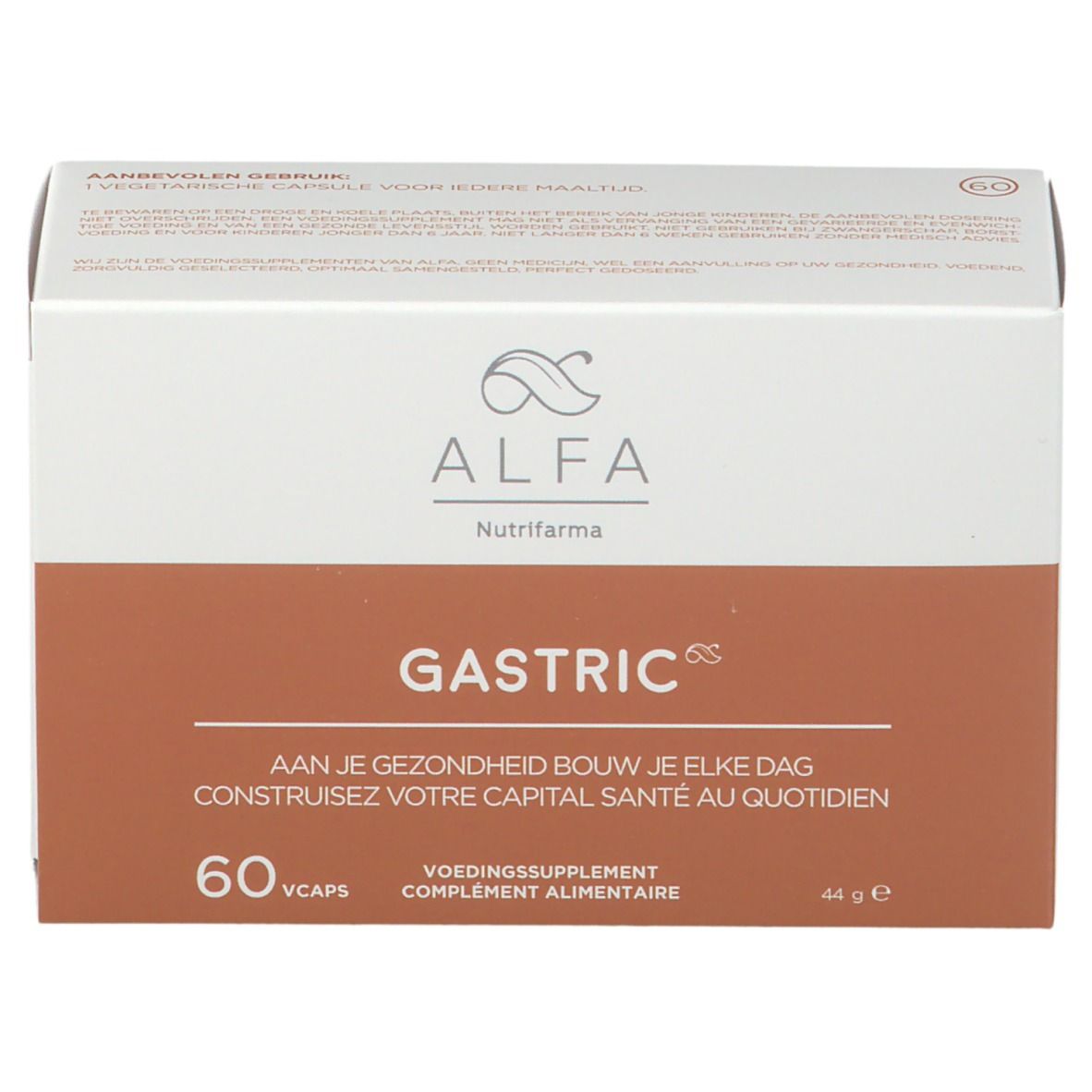 Witte en bruine doos 'Gastric' met 60 capsules. Merk Alfa. Voedingssupplement.