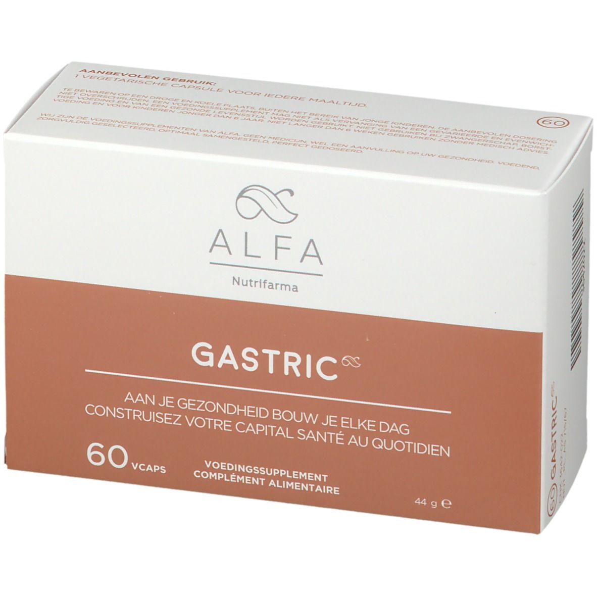 Doos 'Gastric' met 60 capsules. Merk Alfa. Voedingssupplement.