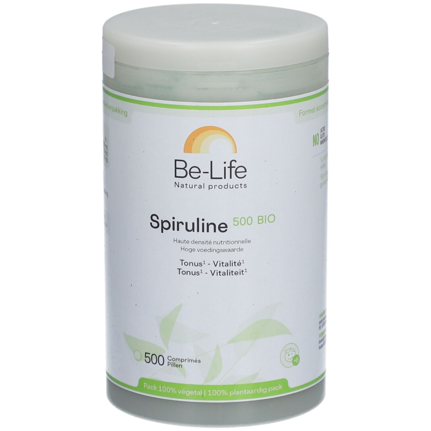 Boîte cylindrique avec couvercle. Inscription: Be-Life Spiruline 500 BIO. 500 comprimés. Design vert et blanc.