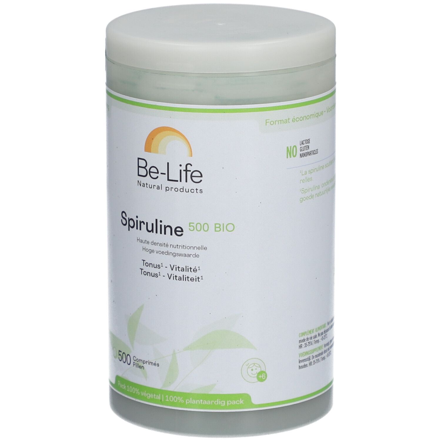 Boîte cylindrique avec couvercle. Inscription: Be-Life Spiruline 500 BIO. 500 comprimés. Design vert et blanc.