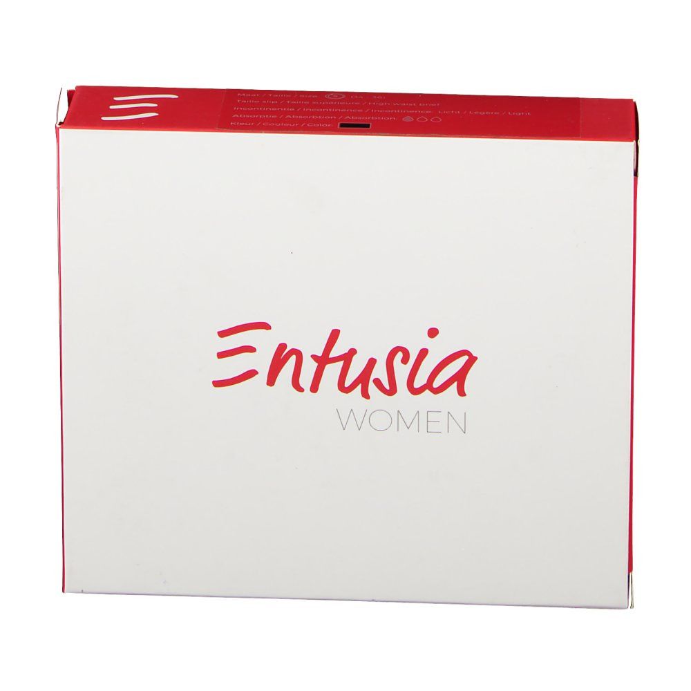 Emballage Entusia® Woman. Boîte blanche avec accent rouge et logo de la marque.