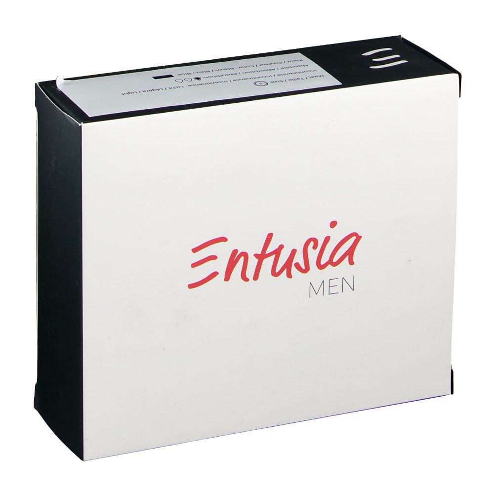 Emballage pour boxer homme. Blanc avec côté noir. Inscription rouge : Entusia MEN.