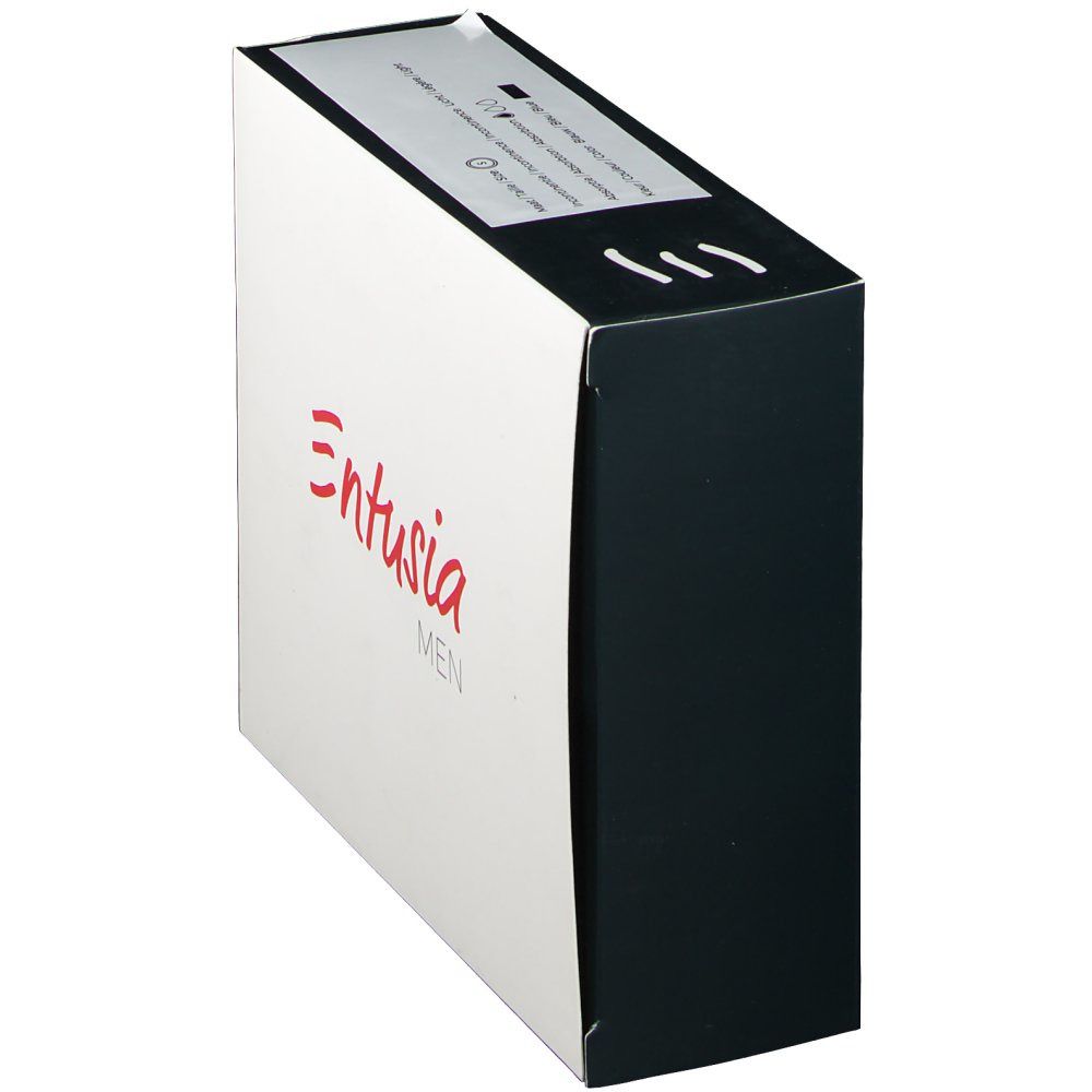 Emballage pour boxer homme. Blanc avec côté noir. Inscription rouge : Entusia MEN.