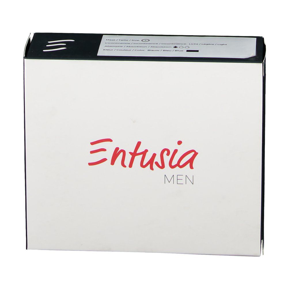 Emballage pour boxer homme. Blanc avec couvercle noir. Inscription rouge : Entusia MEN.