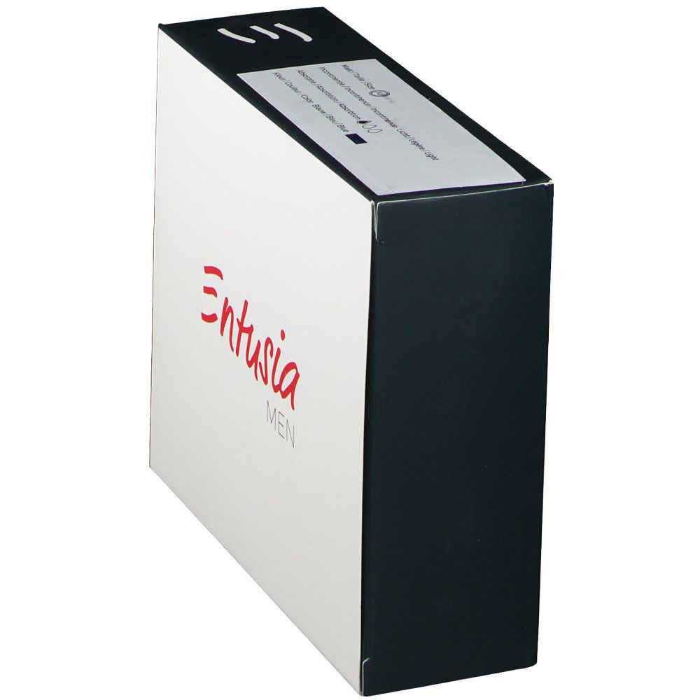 Emballage pour sous-vêtements. Blanc avec coin noir. Inscription rouge : Entusia MEN.