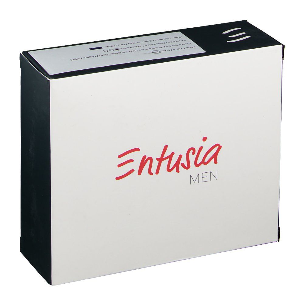 Emballage pour sous-vêtements. Blanc avec coin noir. Inscription rouge : Entusia MEN.