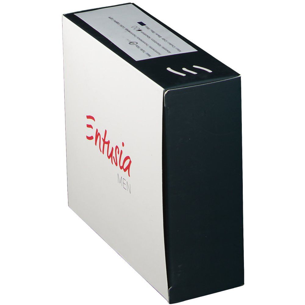 Emballage pour sous-vêtements. Blanc avec coin noir. Inscription rouge : Entusia MEN.