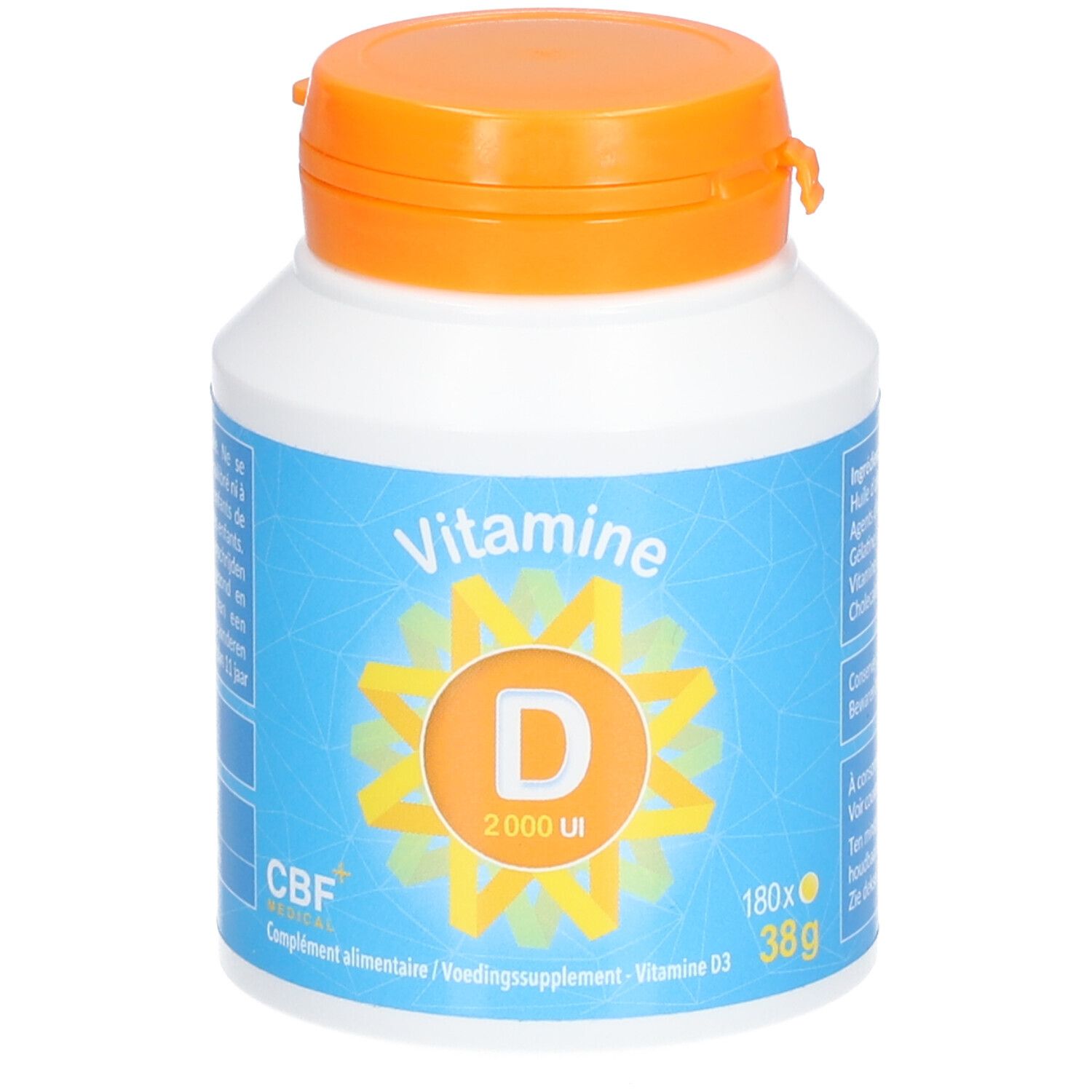 Weiße Flasche mit orangefarbenem Deckel. Aufschrift: Vitamine D 2000 UI. Blaue Banderole mit CBF-Logo.