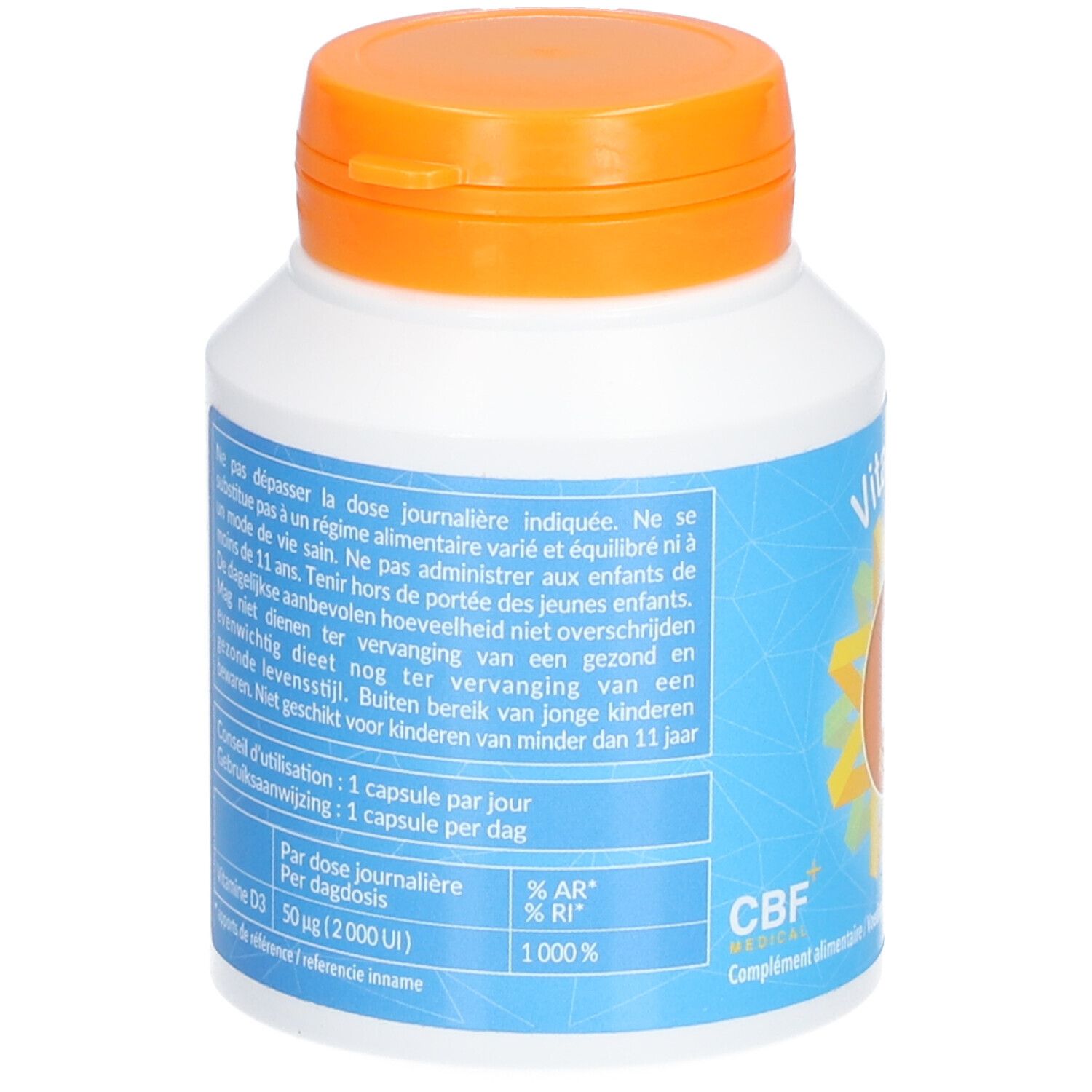 Rückseite der weißen Flasche mit orangefarbenem Deckel. Text: Gebrauchsanweisung, Vitamin D3, CBF-Logo.