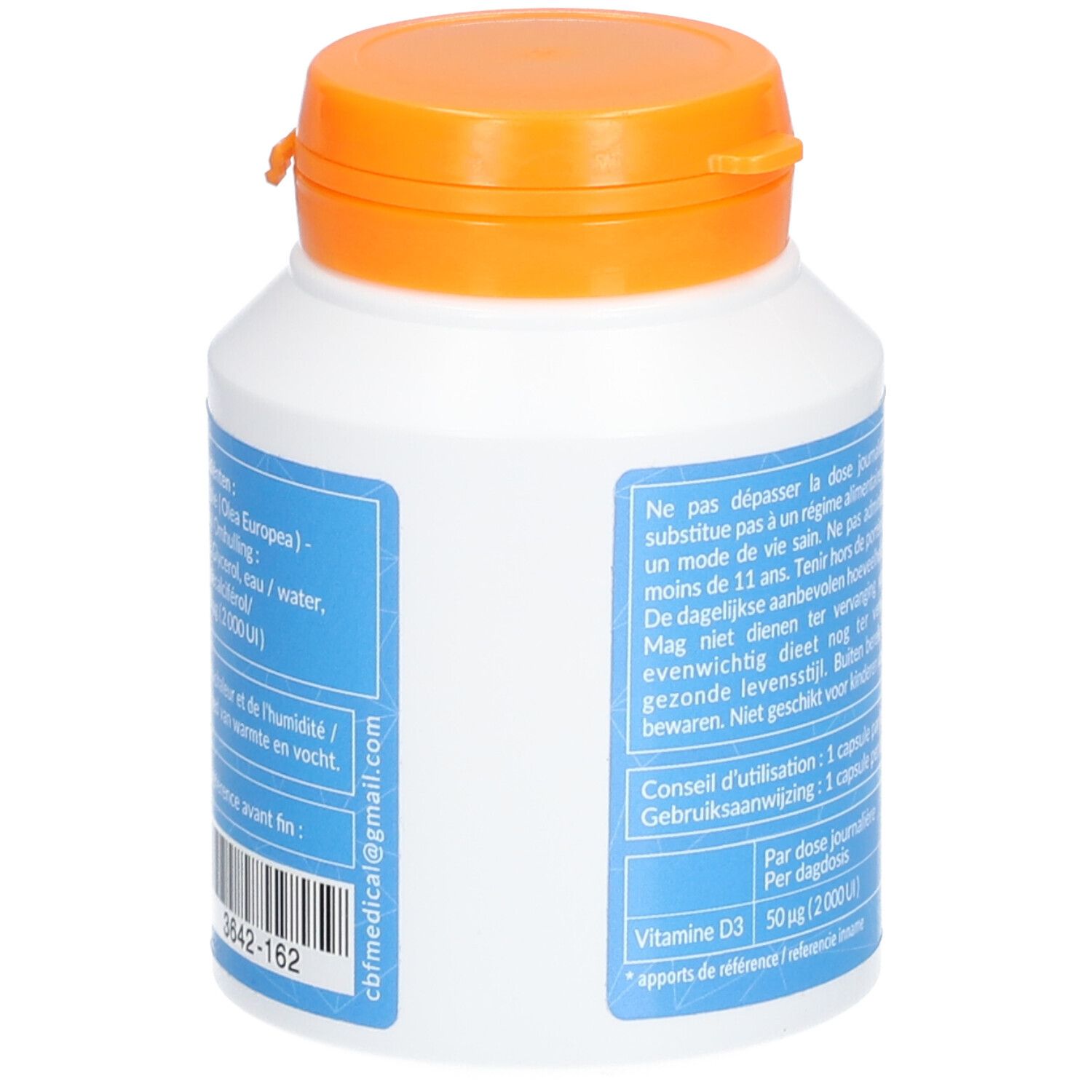 Weiße Flasche mit orangefarbenem Deckel. Aufschrift: Gebrauchsanweisung, Vitamin D3, CBF-Logo. Barcode.