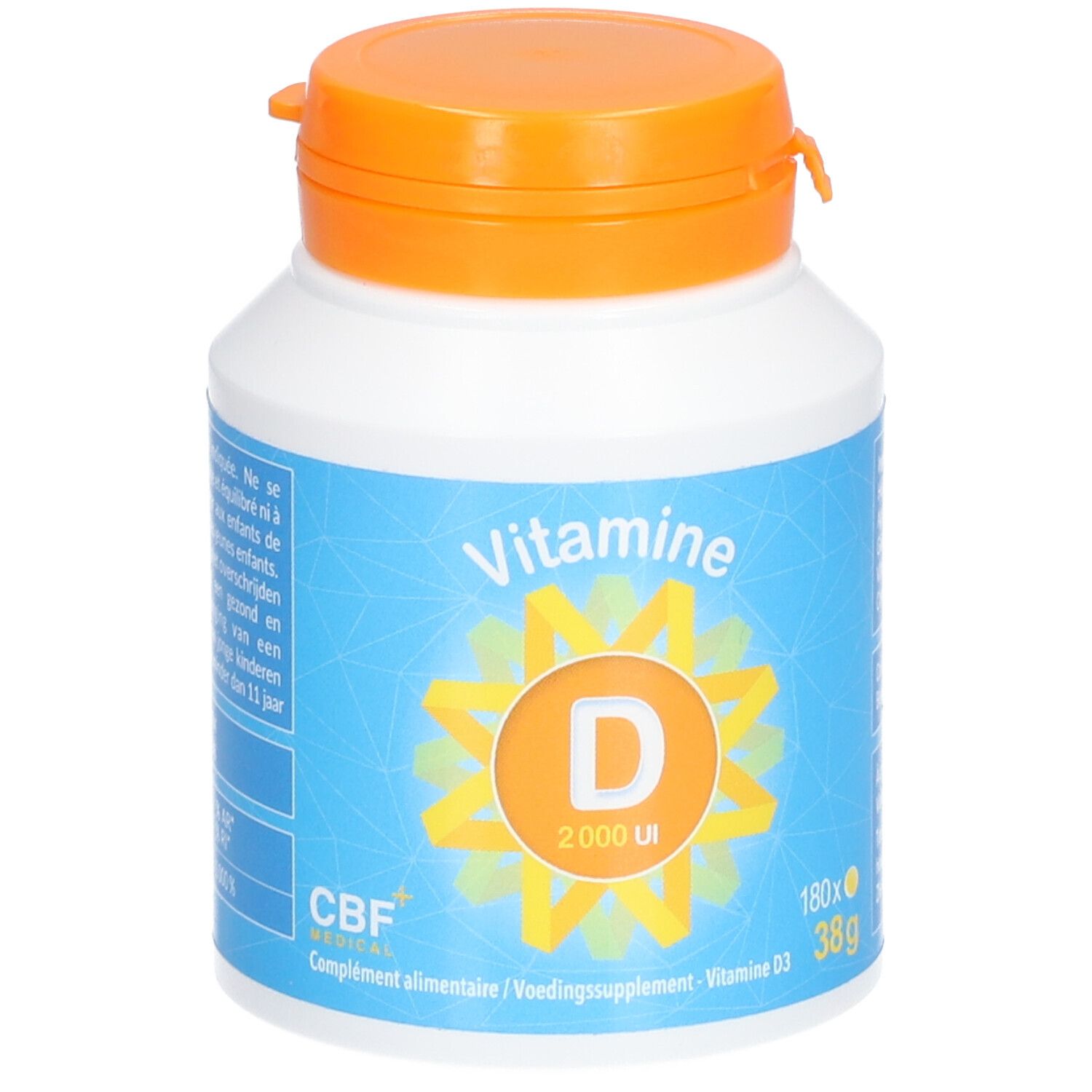 Weiße Flasche mit orangefarbenem Deckel. Aufschrift: Vitamine D 2000 UI. Blaue Banderole mit CBF-Logo.