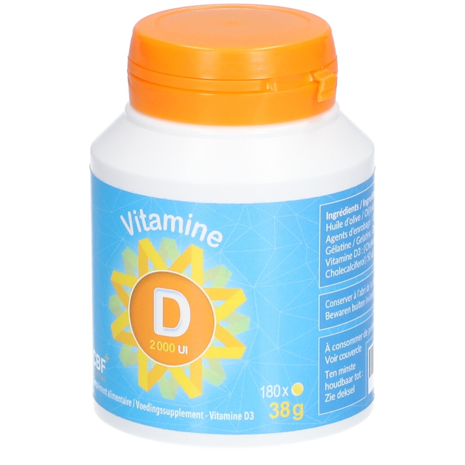 Weiße Flasche mit orangefarbenem Deckel. Aufschrift: Vitamine D 2000 UI. Blaue Banderole mit CBF-Logo. 180x.