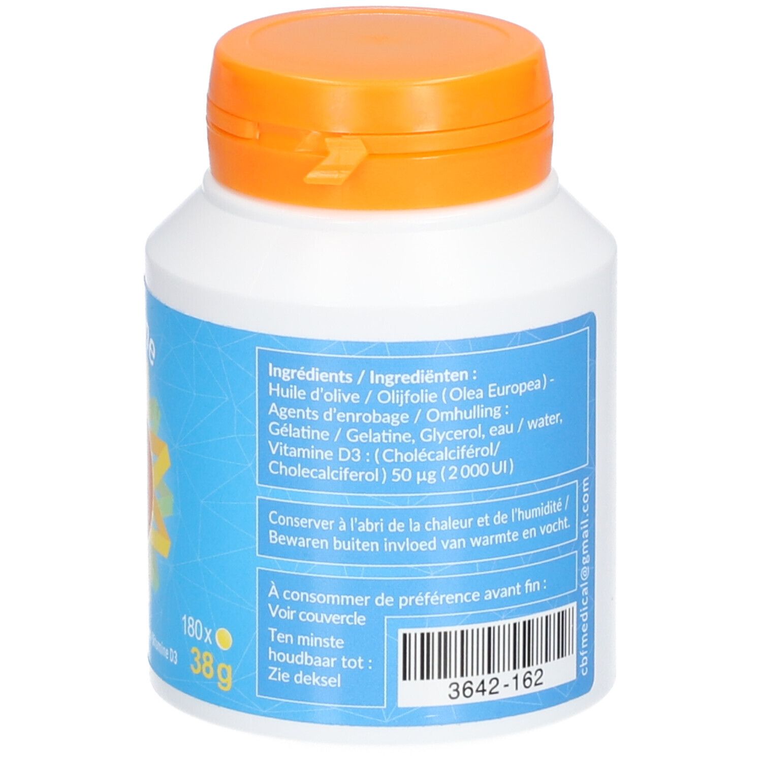 Weiße Flasche mit orangefarbenem Deckel. Aufschrift: Inhaltsstoffe, Vitamin D3, CBF-Logo. 180x.
