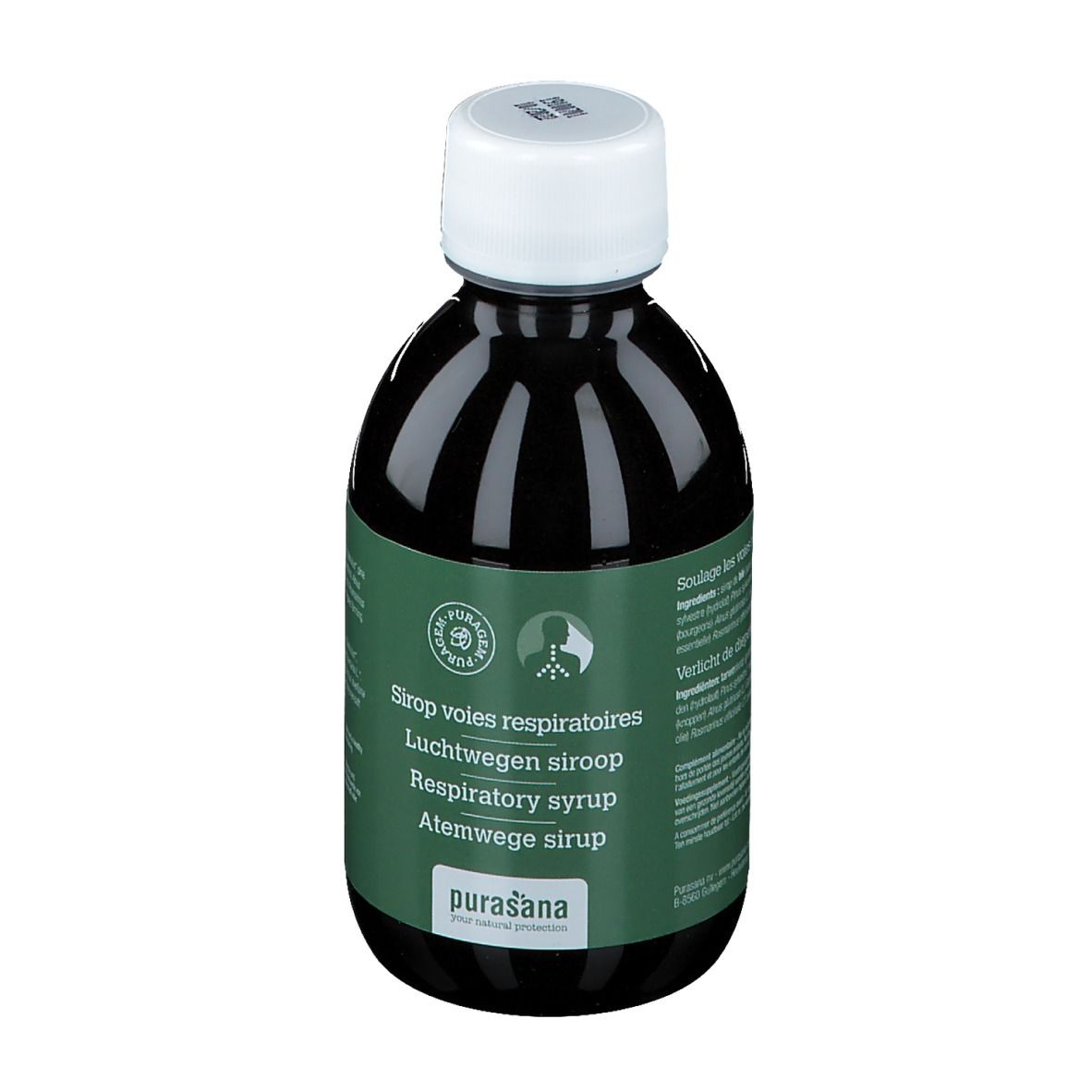 Bouteille de liquide brun avec bouchon blanc. Étiquette multilingue. Marque Purasana.