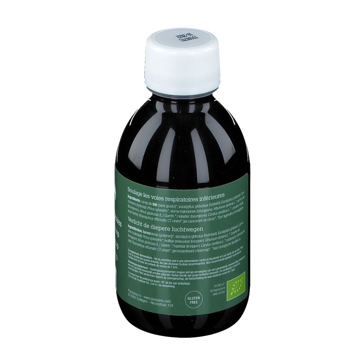 Dos d'une bouteille de liquide brun. Étiquette multilingue. Certification biologique.