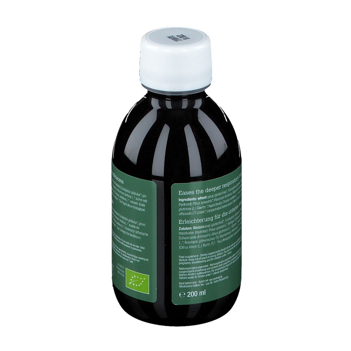 Dos d'une bouteille de liquide brun. Étiquette multilingue. 200 ml.