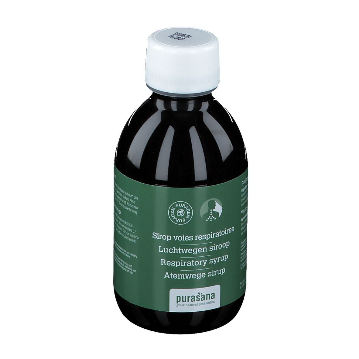 Liquide brun en bouteille avec bouchon blanc. Étiquette multilingue. Marque Purasana.