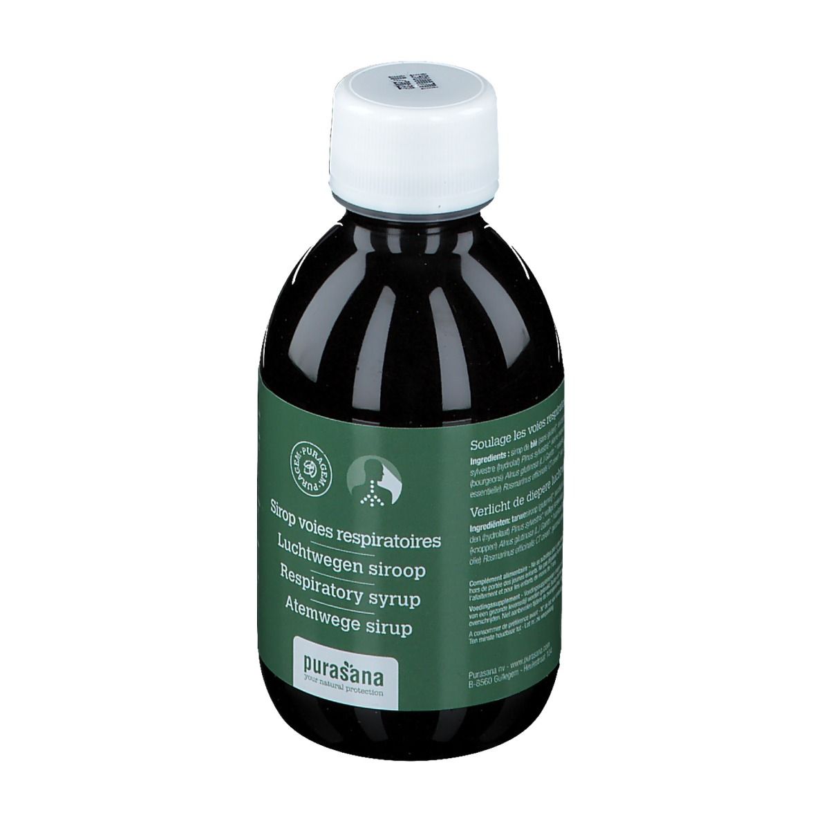 Liquide brun en bouteille avec bouchon blanc. Étiquette multilingue. Marque Purasana.