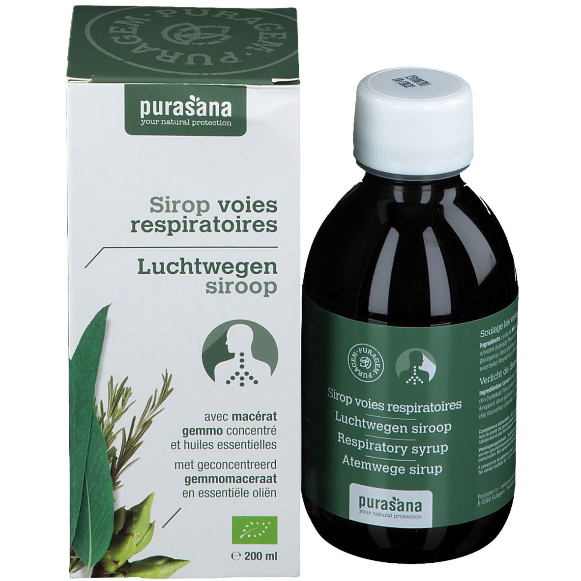 Bouteille et boîte de liquide brun. Texte multilingue. Marque Purasana. Certification biologique.