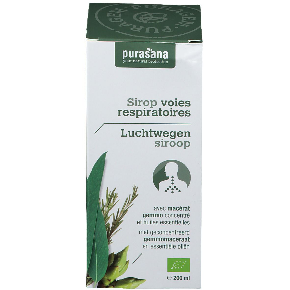 Boîte de liquide brun. Texte multilingue. Marque Purasana. Certification biologique. 200 ml.