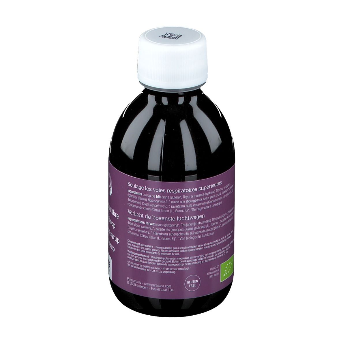 Rückansicht einer Flasche mit brauner Flüssigkeit. Etikett mit Inhaltsstoffen und Bio-Zertifizierung.