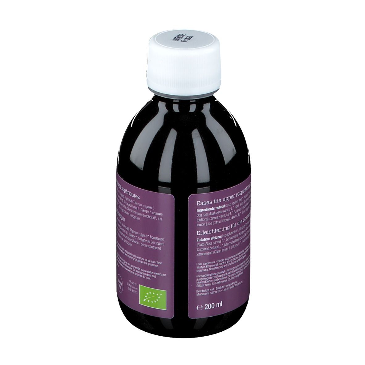 Rückansicht einer Flasche mit brauner Flüssigkeit. Etikett mit Inhaltsstoffen und Volumenangabe: 200 ml.