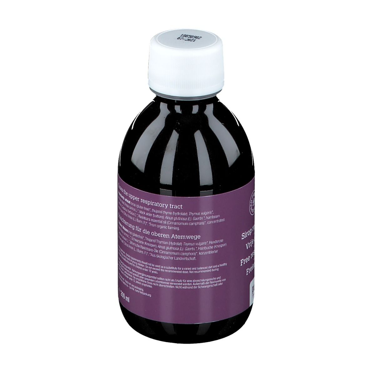 Rückansicht einer Flasche mit brauner Flüssigkeit. Etikett mit Inhaltsstoffen und Produktnamen.