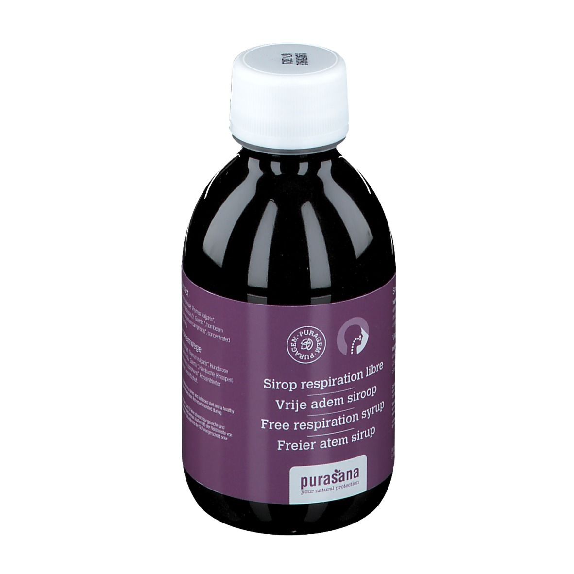 Flasche mit brauner Flüssigkeit, weißem Deckel und Etikett. Produktname und Logo sichtbar.