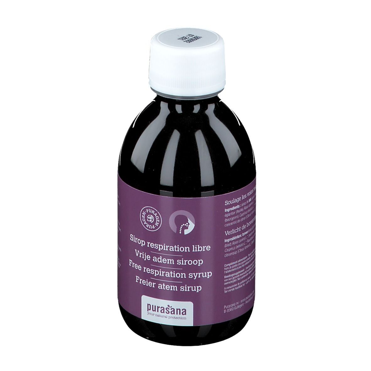 Flasche mit brauner Flüssigkeit, weißem Deckel und Etikett. Produktname und Logo sichtbar.