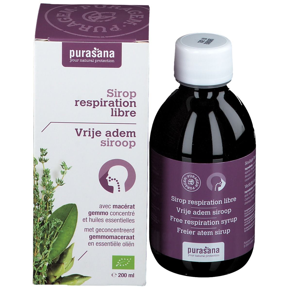 Flasche und Karton mit Produktnamen und Logo. Kräuterabbildung. Bio-Zertifizierung.