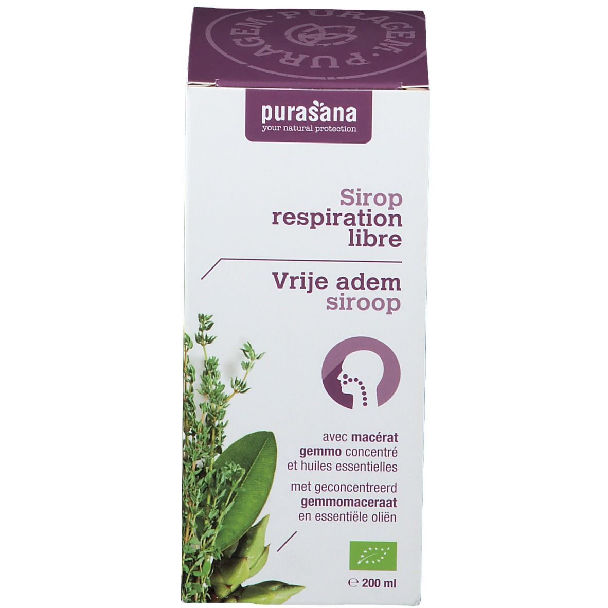 Karton mit Produktnamen und Logo. Kräuterabbildung. Bio-Zertifizierung. Volumenangabe: 200 ml.