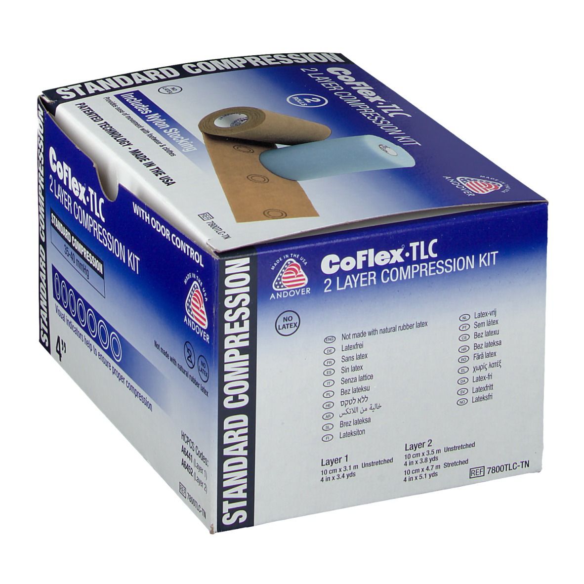 Kit de compression. Contient un bas en nylon. Compresse à 2 couches, 35-40 mmHg. 4 pouces. Contrôle des odeurs. Sans latex naturel.