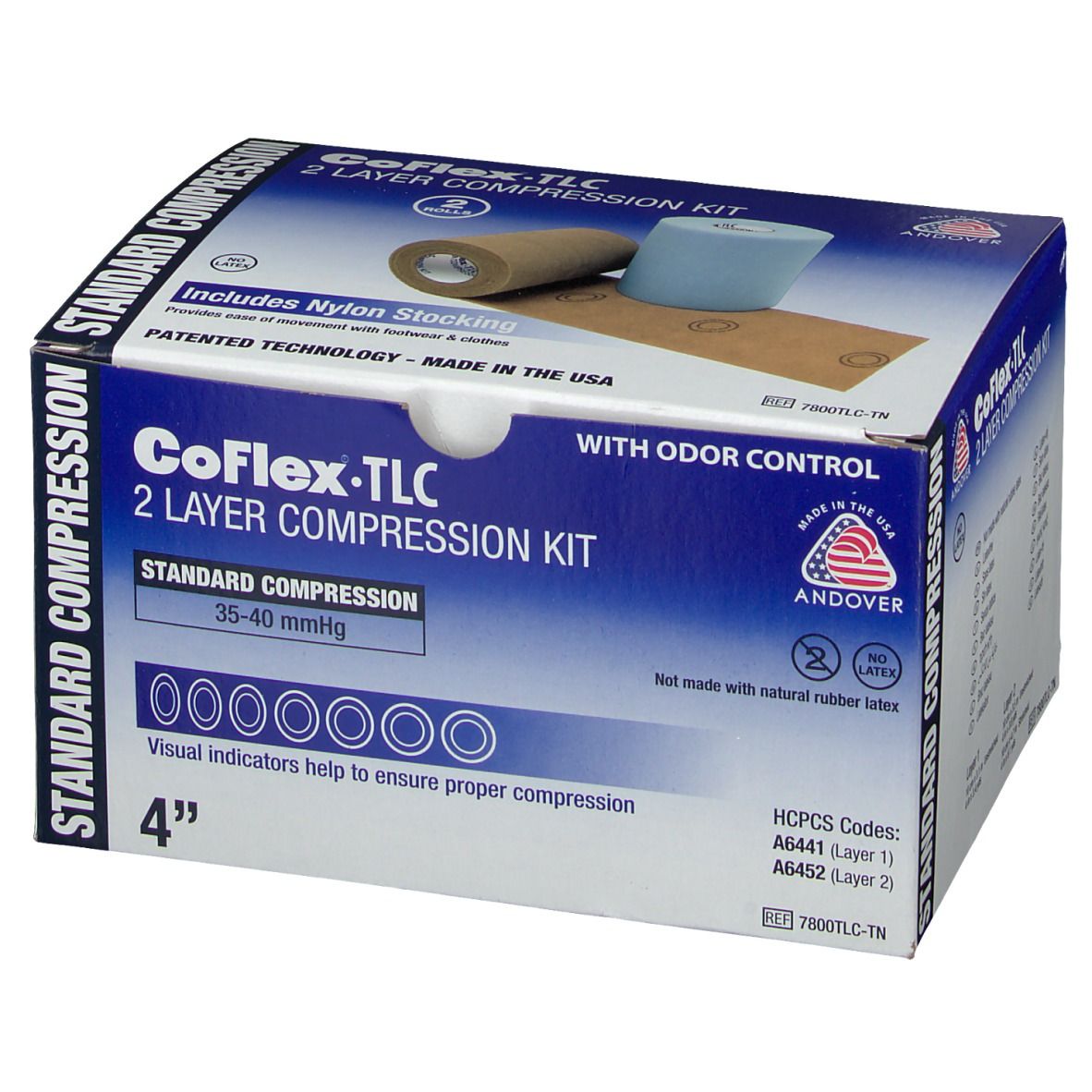 Kit de compression. Contient un bas en nylon. Compresse à 2 couches, 35-40 mmHg. 4 pouces. Contrôle des odeurs. Sans latex naturel.