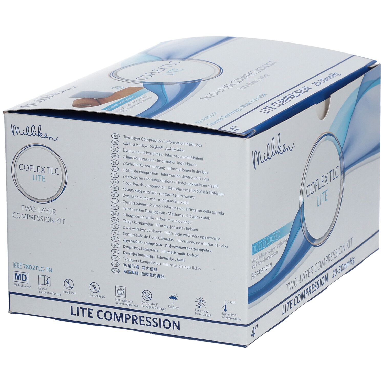 Verpackung von CoFlex TLC Lite. Weiß mit blauen Wellen. Text: COFLEX TLC LITE, 2-Schicht-Kompressionsverband, Lite Compression, 20-30 mmHg.
