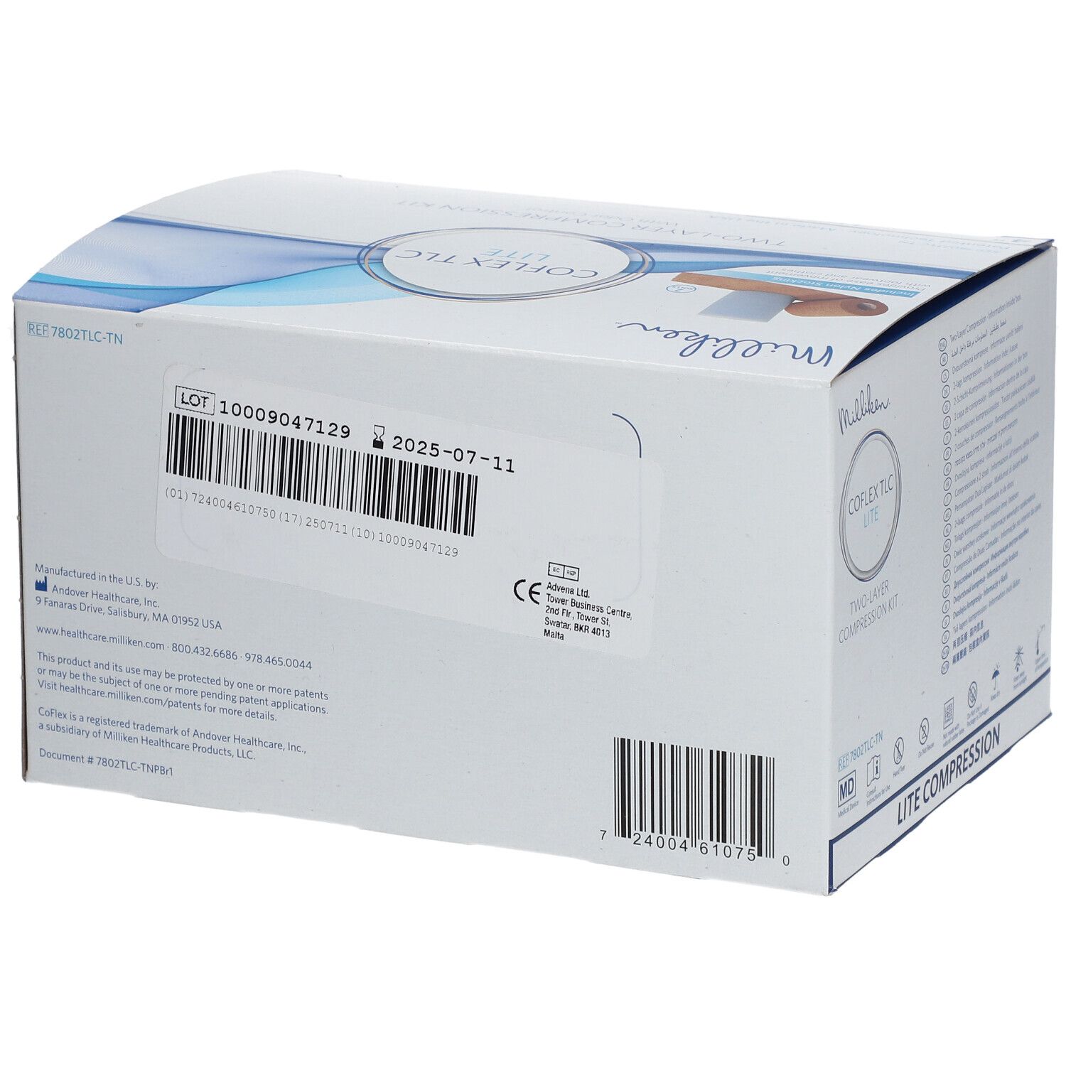 Rückseite der CoFlex TLC Lite Verpackung. Weiß mit Text und Barcode. Aufdruck: LOT-Nummer, Verfallsdatum, CE-Zeichen.