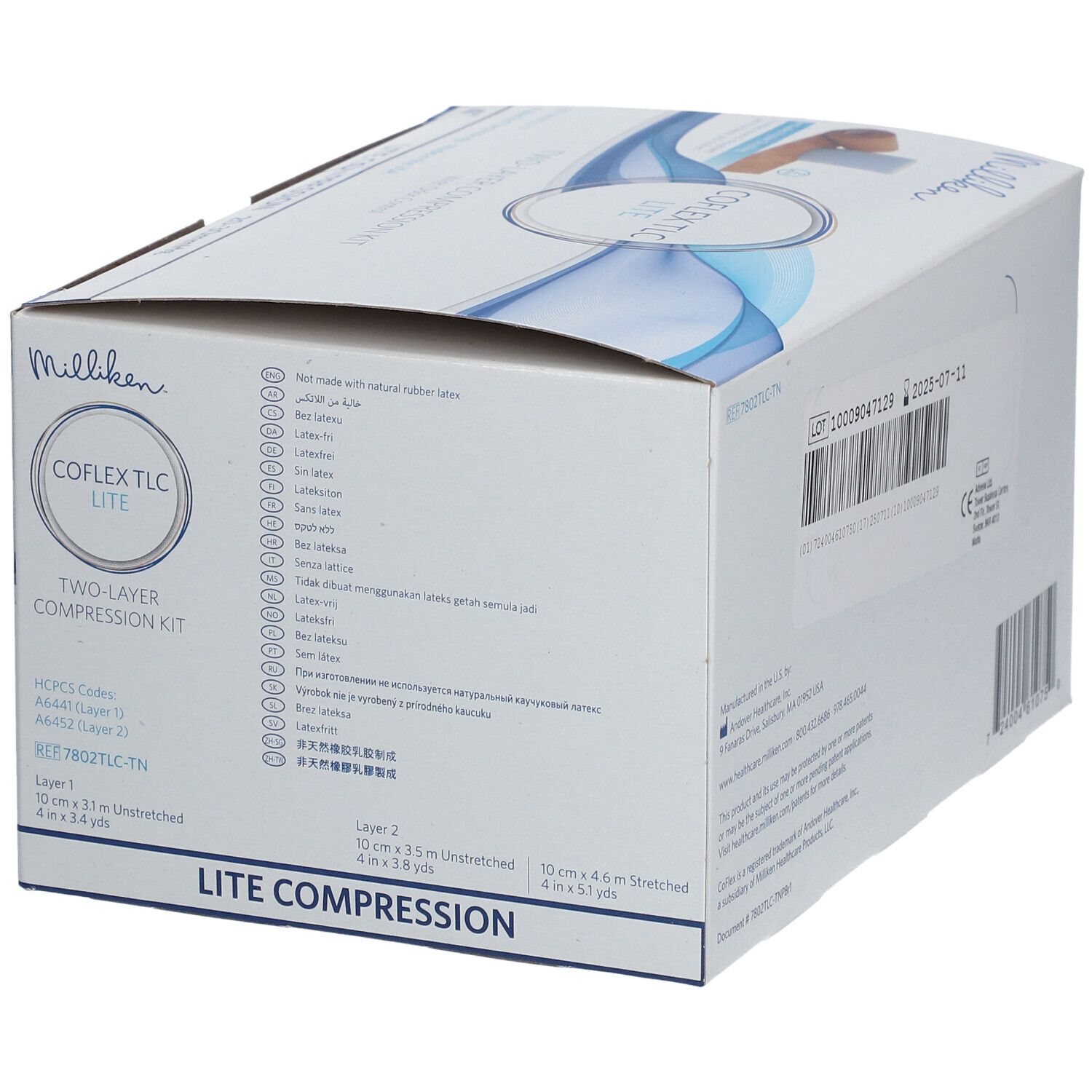Verpackung von CoFlex TLC Lite. Weiß mit Text. Aufdruck: COFLEX TLC LITE, 2-Schicht-Kompressionsverband, Lite Compression, 20-30 mmHg.