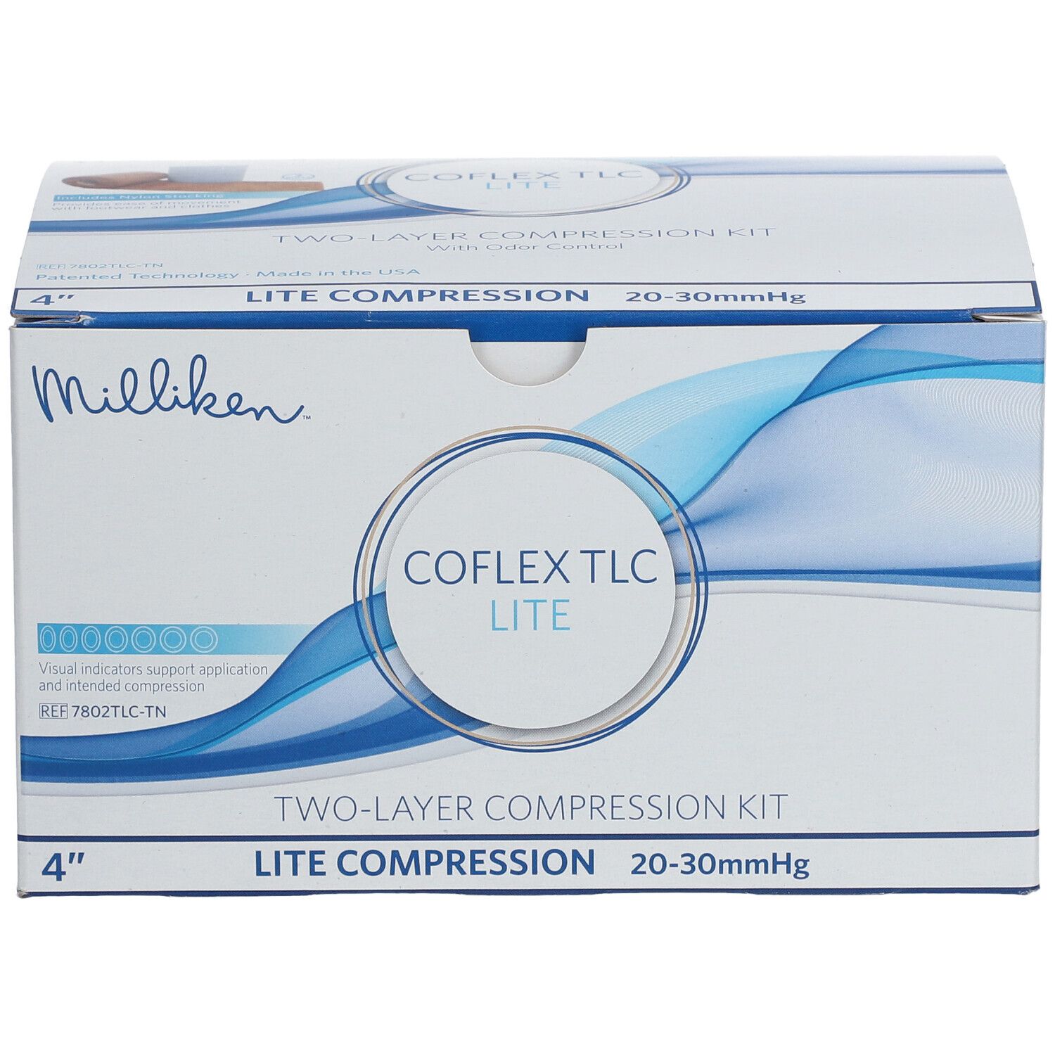 Verpackung von CoFlex TLC Lite. Weiß mit blauen Wellen. Aufschrift: COFLEX TLC LITE, 2-Schicht-Kompressionsverband, 20-30 mmHg.