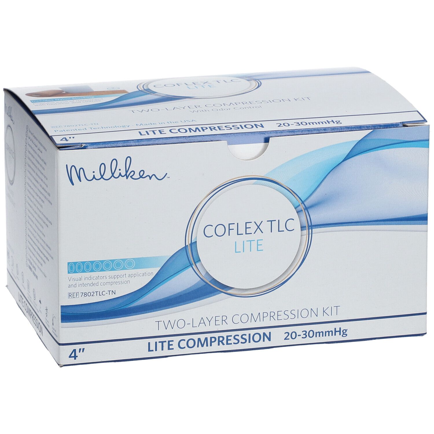 Verpackung von CoFlex TLC Lite. Weiß mit blauen Wellen. Aufschrift: COFLEX TLC LITE, 2-Schicht-Kompressionsverband, 20-30 mmHg.