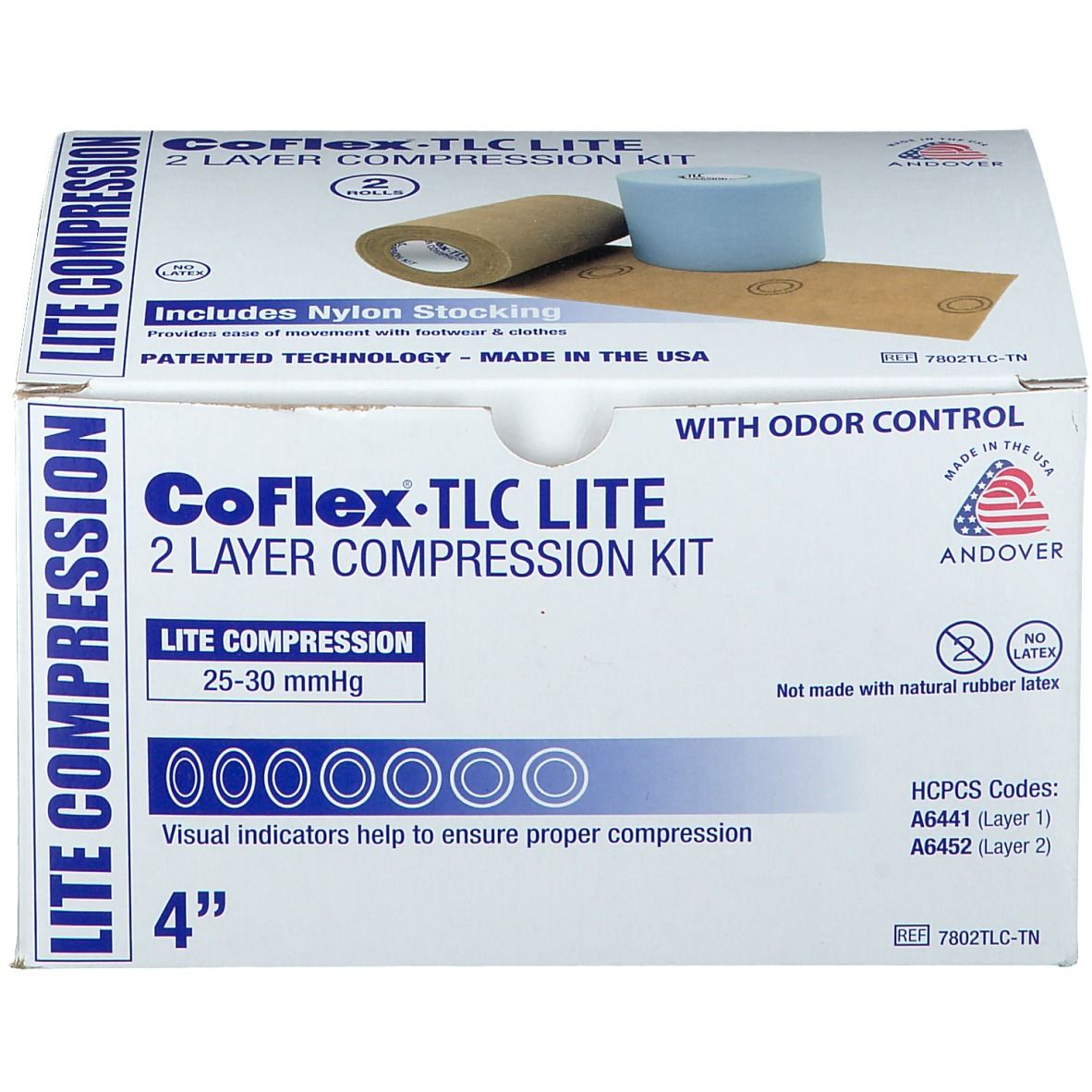 Verpackung von CoFlex TLC Lite. Weiß mit Produktabbildung. Aufschrift: CoFlex TLC LITE, 2-Schicht-Kompressionsverband, 25-30 mmHg.