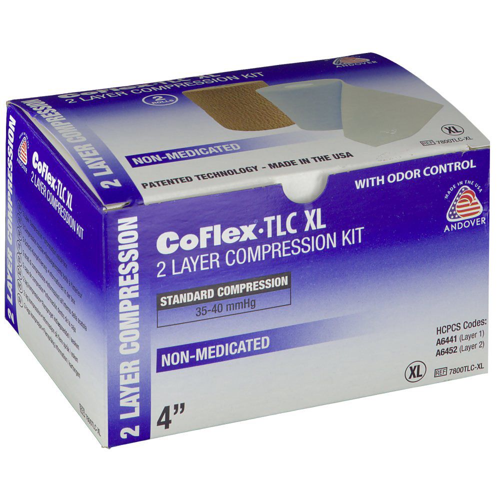 Kit de compression CoFlex TLC XL 2 couches. 4" de large. Compression standard 35-40 mmHg. Non médicamenteux. Contrôle des odeurs.