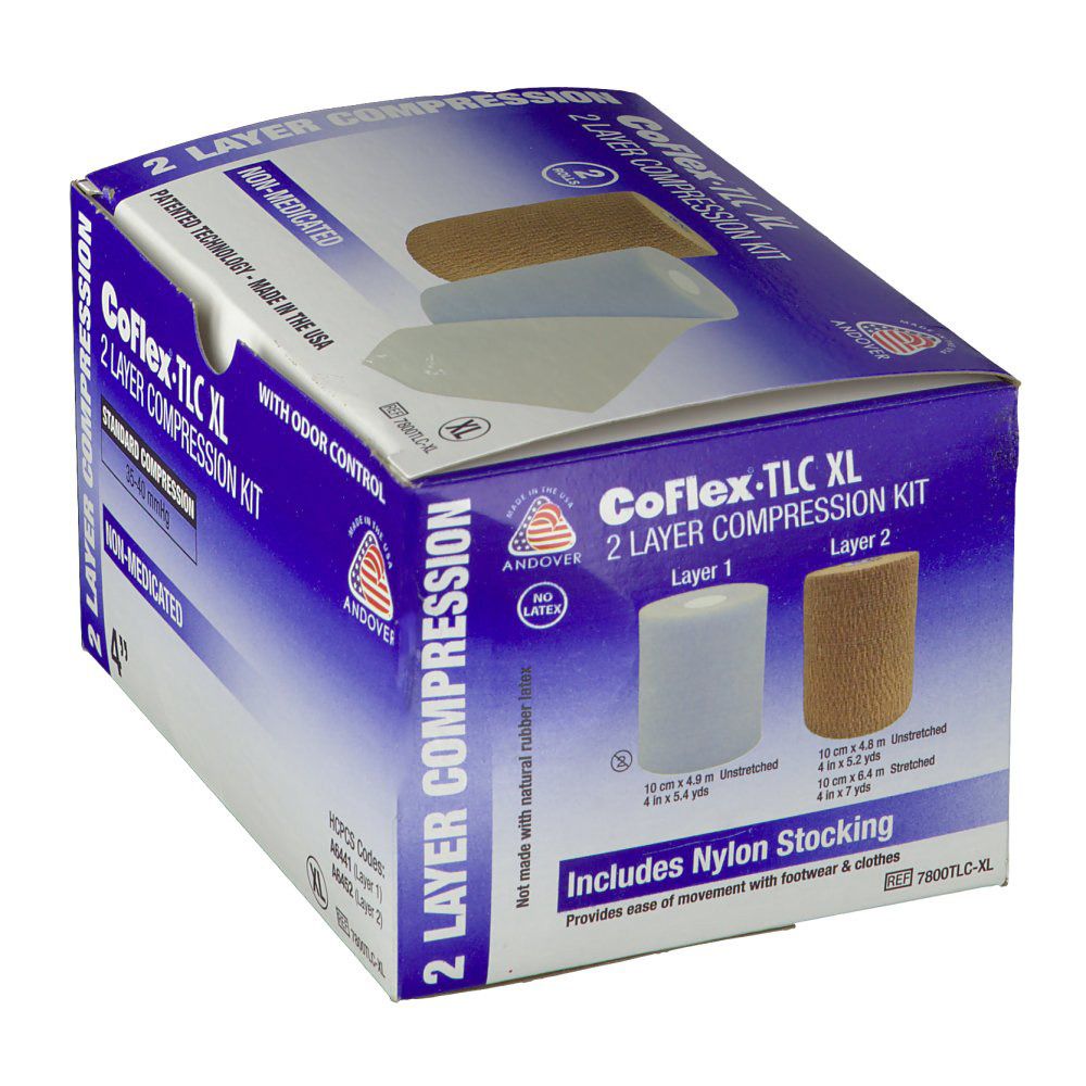 Kit de compression CoFlex TLC XL 2 couches. Comprend un bas en nylon. Sans latex naturel. 2 couches. Informations sur les tailles.