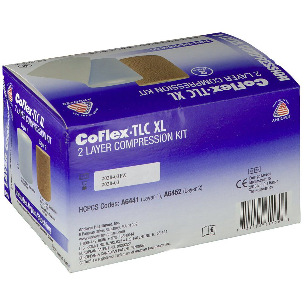 Kit de compression CoFlex TLC XL 2 couches. Arrière de l'emballage. Codes HCPCS. Marquage CE. Informations fabricant.